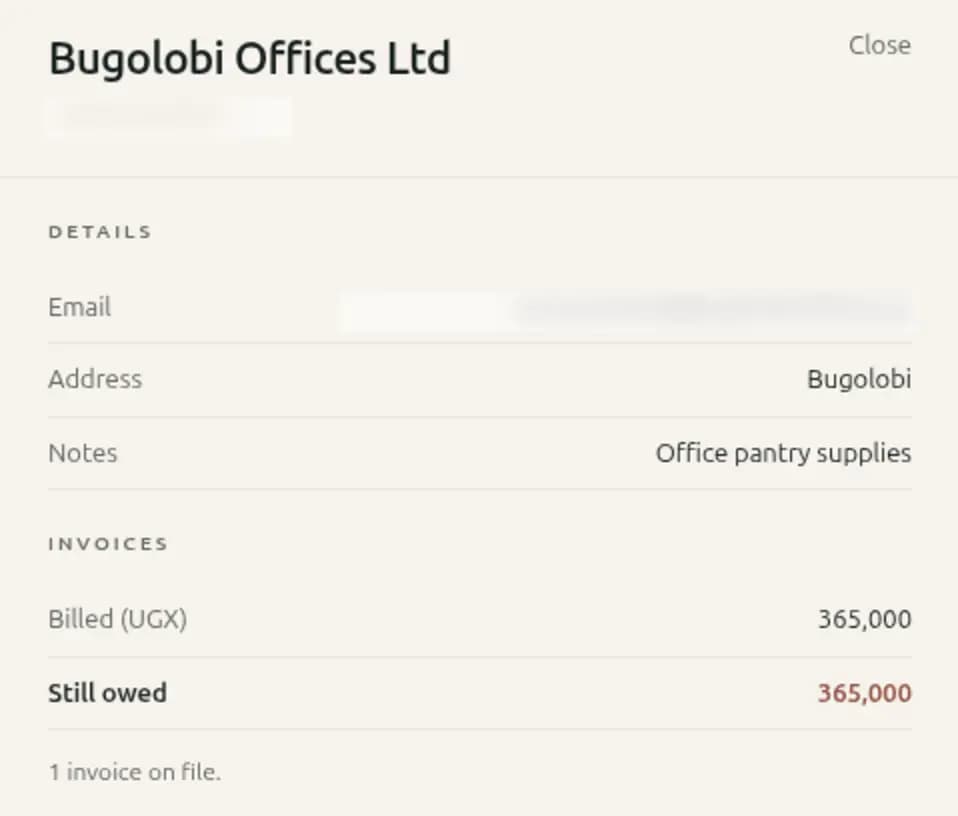 A customer card for Bugolobi Offices Ltd: address Bugolobi, notes office pantry supplies, billed UGX 365,000, still owed UGX 365,000, one invoice on file. Contact details are deliberately obscured.