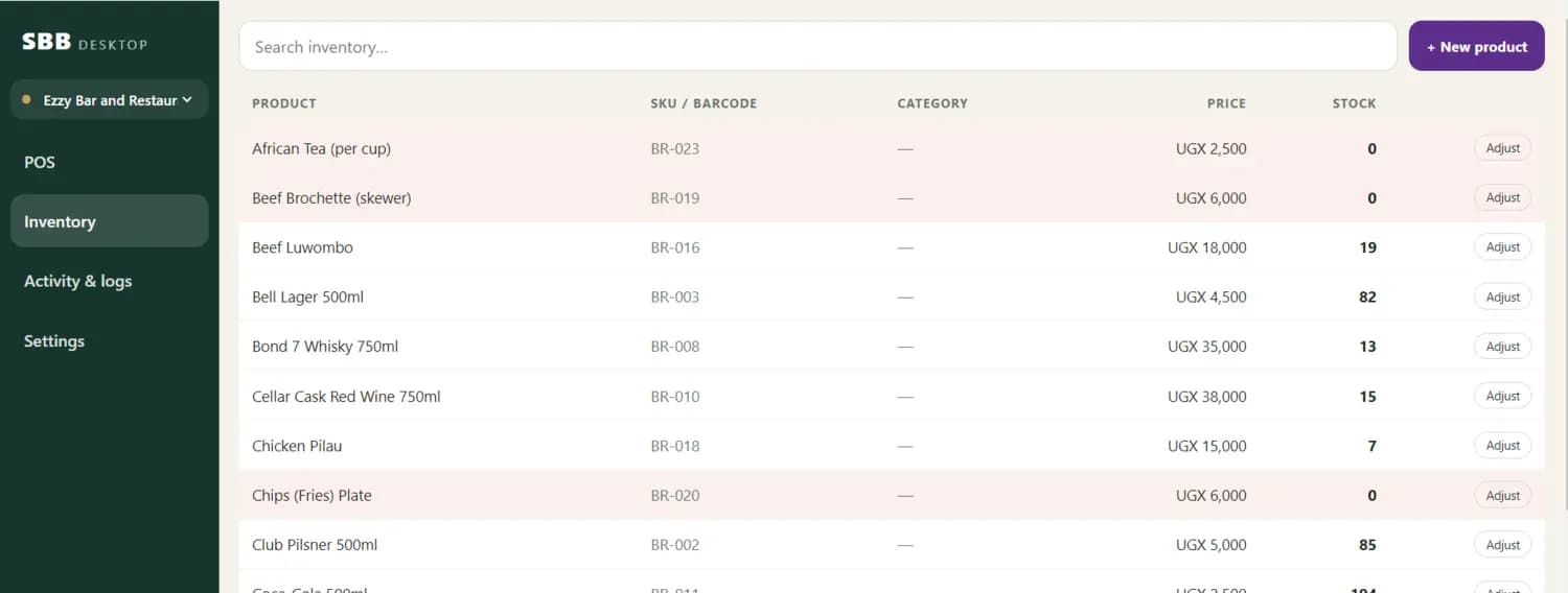 The inventory list in SBB Desktop: product, SKU or barcode, category, price and stock for each line, with an Adjust button on every row and the out-of-stock lines tinted.