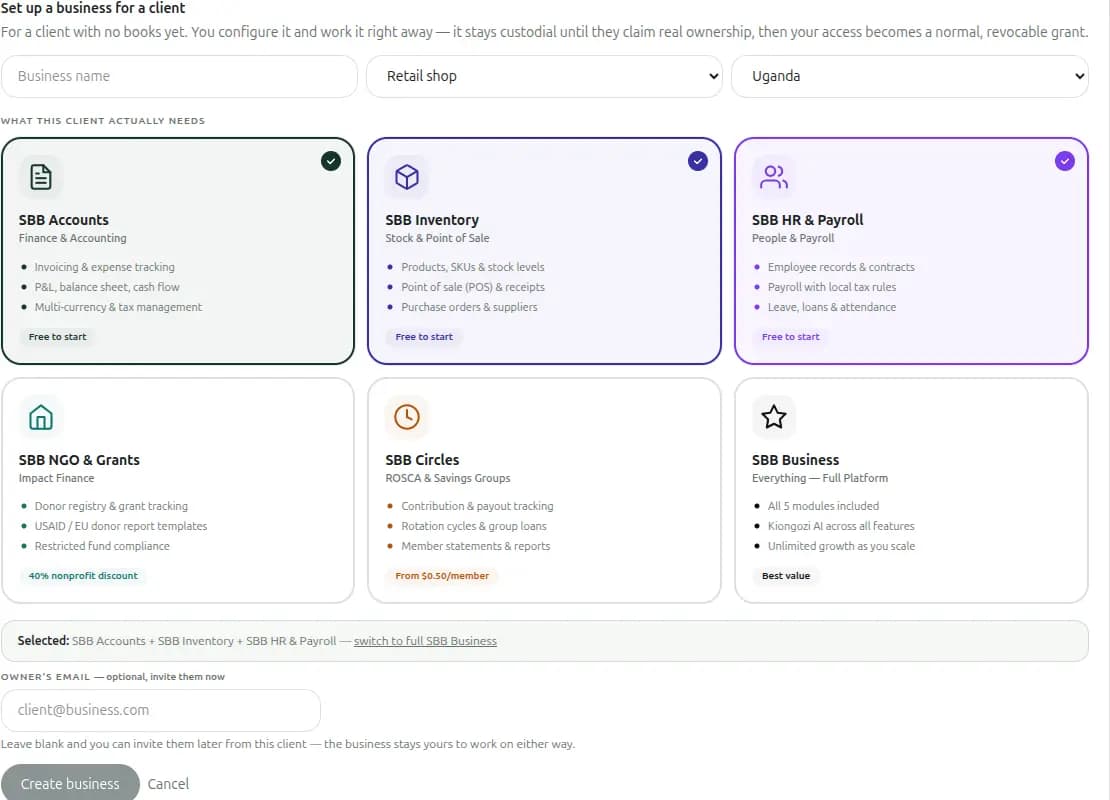 Setting up a business for a client: a name, a business type and a country, then six module cards — SBB Accounts, SBB Inventory, SBB HR and Payroll, SBB NGO and Grants, SBB Circles, and the full platform — with three of them ticked and a line summarising the selection.