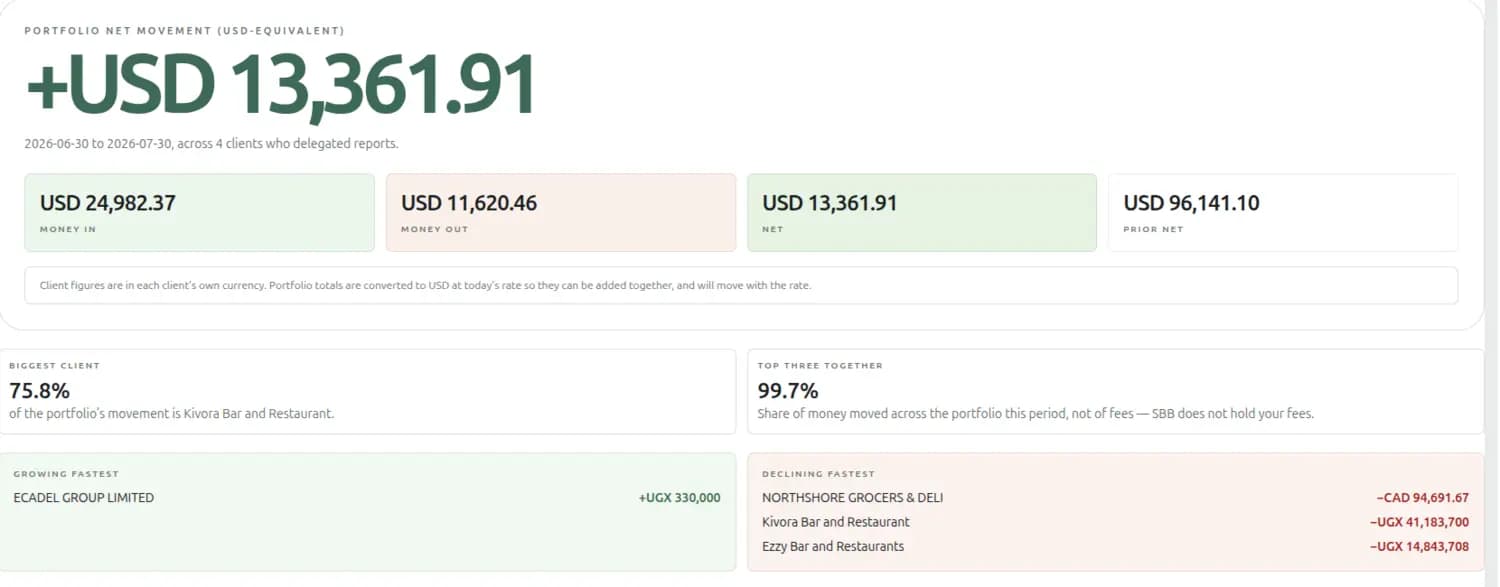 Portfolio insights across a firm's clients: net movement of plus USD 13,361.91 for the month, money in, money out, net and the prior period, then the biggest client's share at 75.8 per cent, the top three at 99.7 per cent, and which clients grew and which declined fastest.