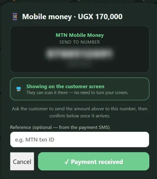 The mobile-money screen in SBB Desktop, showing the amount to collect and the business's own MTN number for the customer to send to.