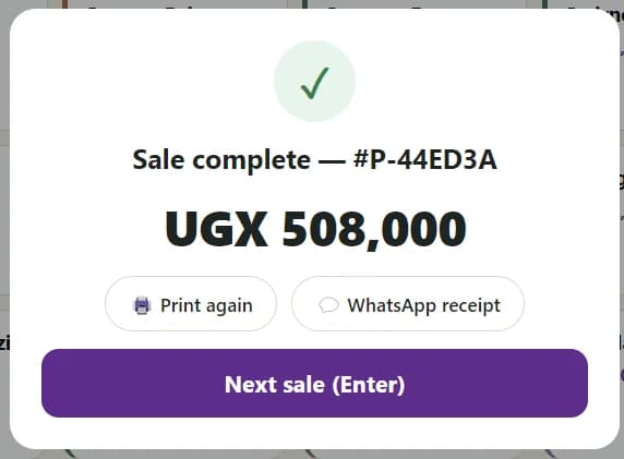 Sale complete in SBB Desktop, with the receipt number and total, and buttons to print again, send the receipt on WhatsApp, or start the next sale.