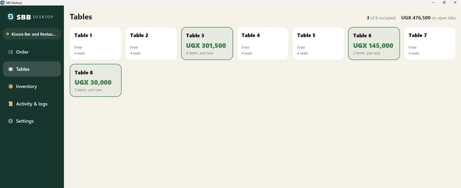 The restaurant floor in SBB Desktop: eight tables, three occupied, each showing its running tab and how long it has been open, with the total on open tabs in the corner.