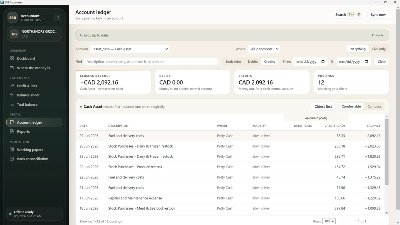 An account ledger in SBB Accountant: each posting with a running balance beside it, the person who recorded it, and which money location it moved.
